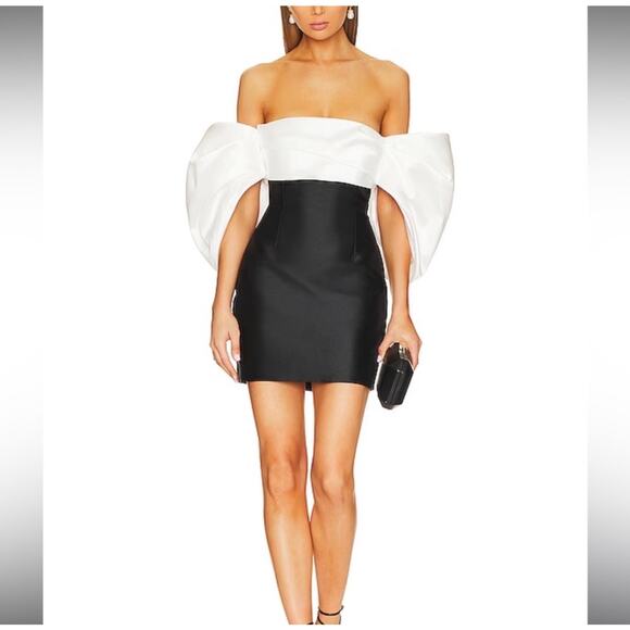 Solace London Elina Puff-Sleeve Mini Dress Black /White Women's Size 4 UK 8 NWOT